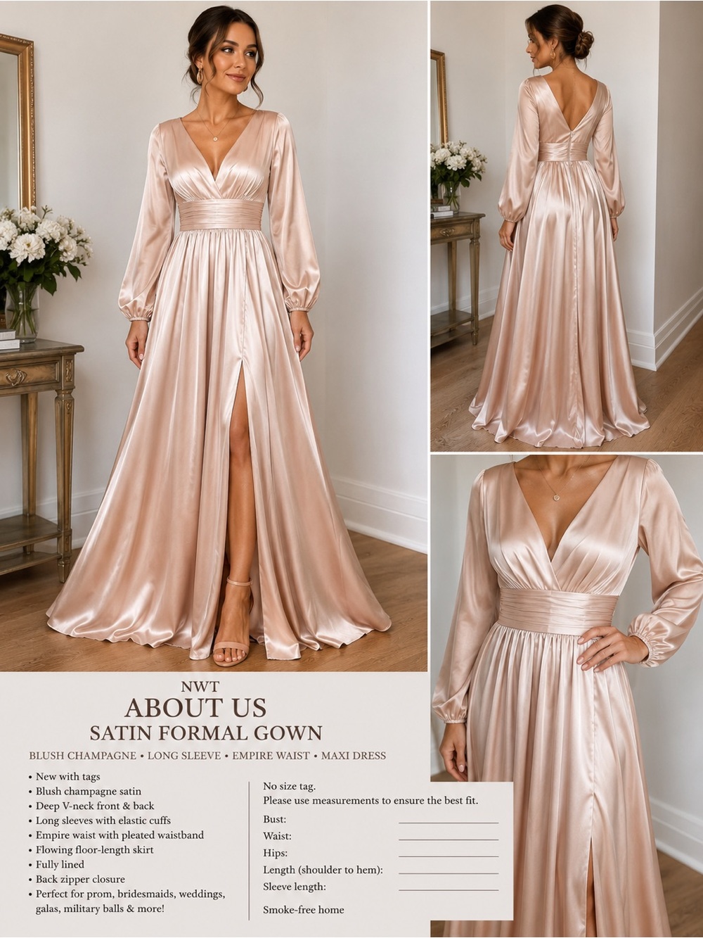 NWT About Us Blush Champagne Satin Formal Gown